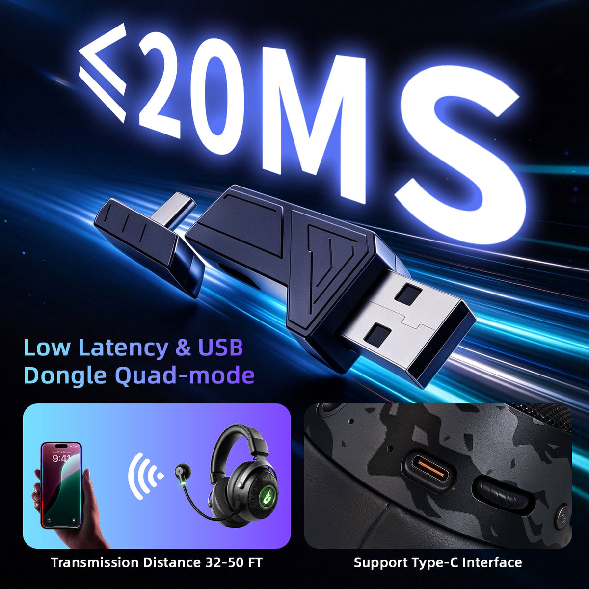 Wireless Gaming Headset with Mic, 50mm Drivers, Bluetooth 6.0 and 2.4GHz