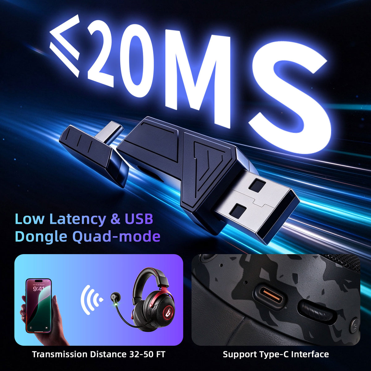 Wireless Gaming Headset with Mic, 50mm Drivers, Bluetooth 6.0 and 2.4GHz