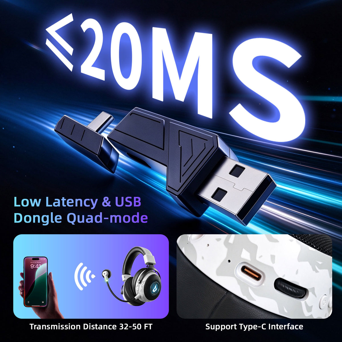 Wireless Gaming Headset with Mic, 50mm Drivers, Bluetooth 6.0 and 2.4GHz